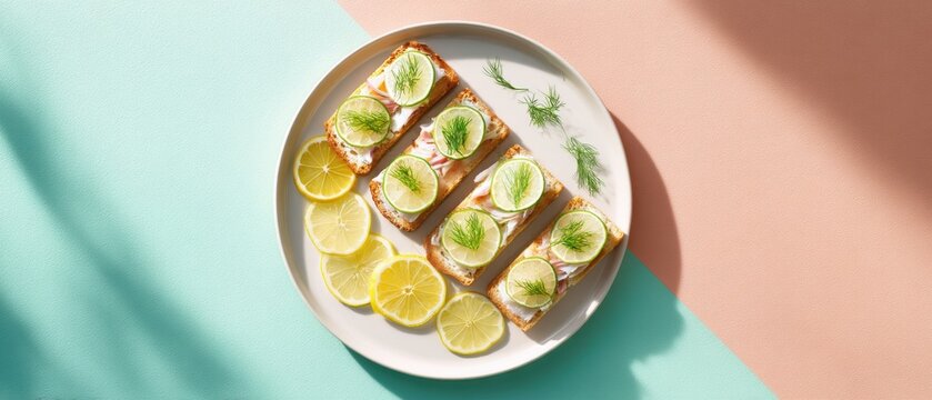 Smoked salmon toast with cream cheese, lime, and dill on a ceramic plate. Gourmet appetizer for healthy breakfast or brunch. Culinary composition with fresh citrus slices on background.