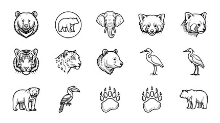 Hand-Drawn Animal Icons: Wildlife Collection - Bear, Elephant, Tiger, Panda, Heron © Roti