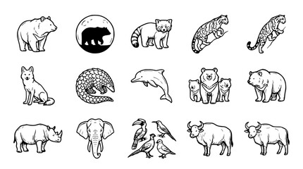 Diverse Wildlife Collection: Hand-Drawn Animals in Silhouette and Outline Style © Roti