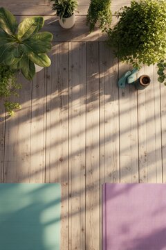 Yoga mat on wooden porch floor with green plant and sunlight. Zen space for fitness and meditation practice. Mindfulness outdoor activity area in home garden for wellness and health.