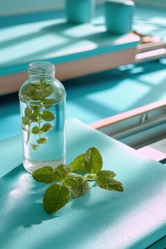 Glass bottle filled with fresh mint leaves and water. Refreshing herbal drink for healthy lifestyle and wellness. Natural detox beverage for vitality and skin care routine concept.