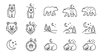 Naklejka premium Cute Bear Icons Set, Night Sky, Moon, Stars, Constellations, Sleepy Animals