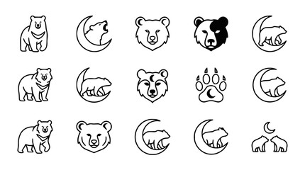 Obraz premium Bear Icons Set: Cute Cartoon Animals, Moon, Paw Prints, Wildlife Symbols