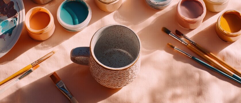 Empty ceramic mug surrounded by jars of paint and artist brushes on fabric. Creative workspace for creative project. Hobby painting and art supplies for professional designer desk.