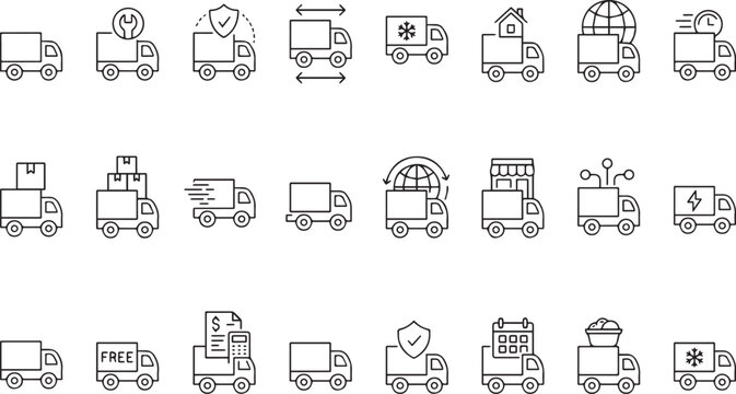 Collection of delivery truck icons with various symbols representing different services and features on transparent background