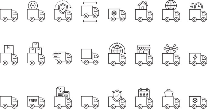 Collection of delivery truck icons with various symbols representing services and features for logistics and transport industry