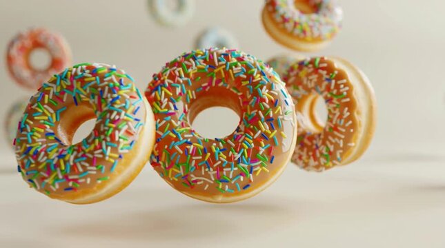 Colorful donuts float in the air with sprinkles and frosting in a simple background setting