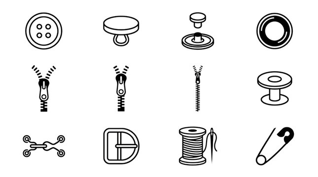 Buttons Snaps Grommets Rivets Eyelets and Zippers Black and White Sewing Hardware Vector Icon Set
