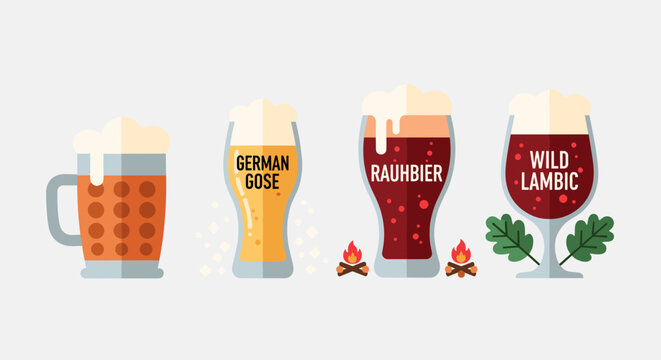 Craft beer variety set in different glassware on neutral background