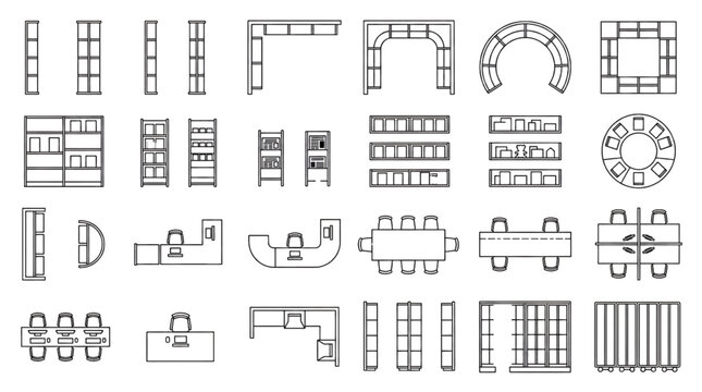 Library and Bookstore Shelf Layout CAD Black and White Line Art Vector Symbol Set for Architectural Floor Plans