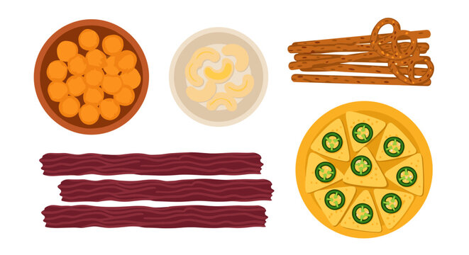 Salty snack assortment with pretzels nachos jerky and cheese balls