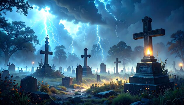 Eerie Graveyard Scene with Dramatic Lightning and Glowing Tombstones at Night.