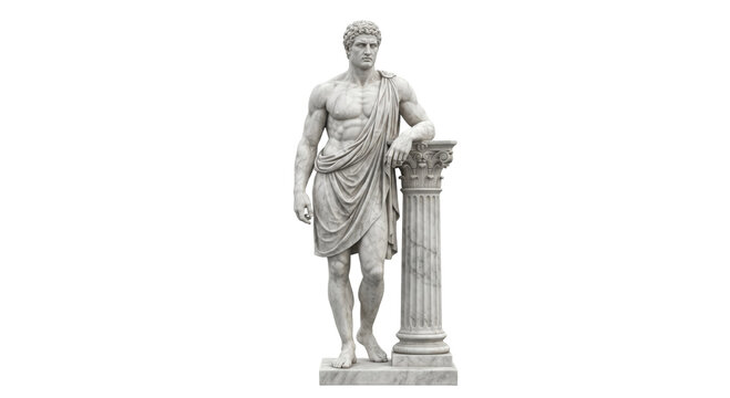 Ancient Greek marble statue of a muscular man leaning on a Corinthian column
