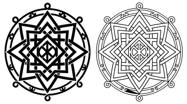 Geometric star in circle pattern black lines on white background