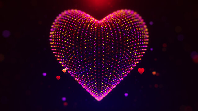 Vibrant 3D holographic heart made of glowing particles and colorful light dots with depth of field, creating a romantic abstract background for love, celebration, and digital design.