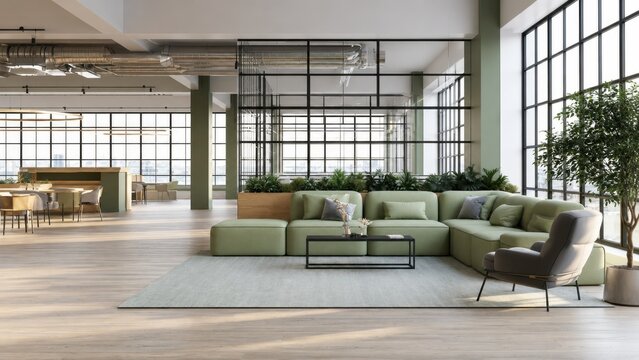 Modern Green Office Lounge with Collaborative Workspace, Biophilic Interior Design and Flexible Corporate Office Concept
