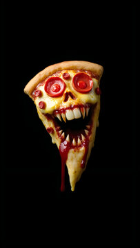 Haunted pizza slice with wide open mouth and large fangs isolated on black solid background.