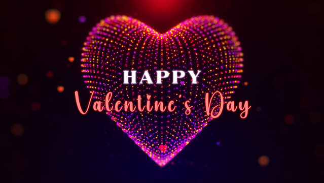 Elegant Happy Valentine's Day typography over a luminous 3D particle heart with colorful glowing lights, creating a festive romantic background for celebrations, invitations, and digital greetings.
