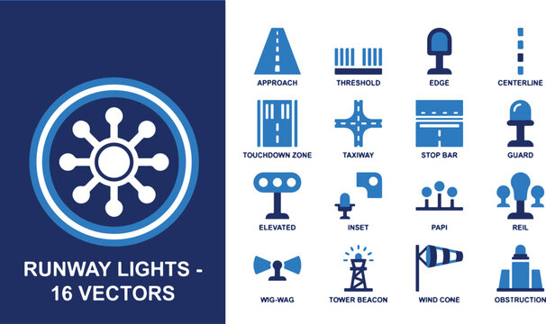Airfield runway lights and airport navigation signs illustrated in vector format for aviation infrastructure 1 (112).eps