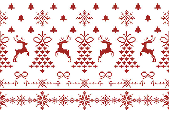 Christmas and New Year seamless pattern. Red snowflakes, deers  and bells on  pixel pattern for winter hat,jumper,sweater, wrapping,fabric,border,rim,carpets, blankets, towels.