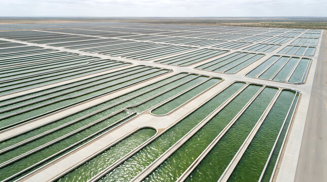 Aerial View of Large Algae Farm Ponds and Raceway System