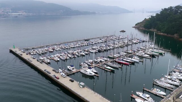 Aerial View of the Real Club N&aacute;utico Marina Slips and Floating Pontoons in the R&iacute;a de Vigo Estuary