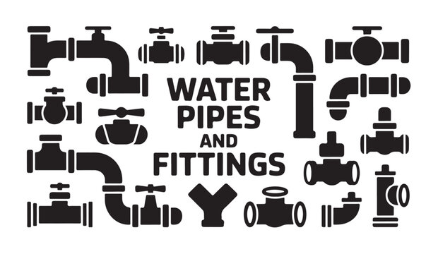 Graphic set featuring various water pipe fittings and plumbing valve icons collection.