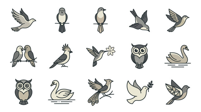 Stylized flying and perched bird icons.