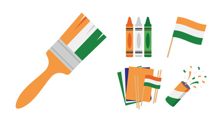 Indian Independence Day celebration with tricolor paint brush, flags, crayons, and confetti popper.