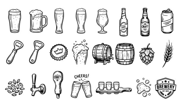 Hand Drawn Beer Collection Doodle Vector Set with Beer Glasses Bottles Cans and Brewery Elements