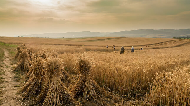 Golden wheat field with hay sheaves during harvest at sunset