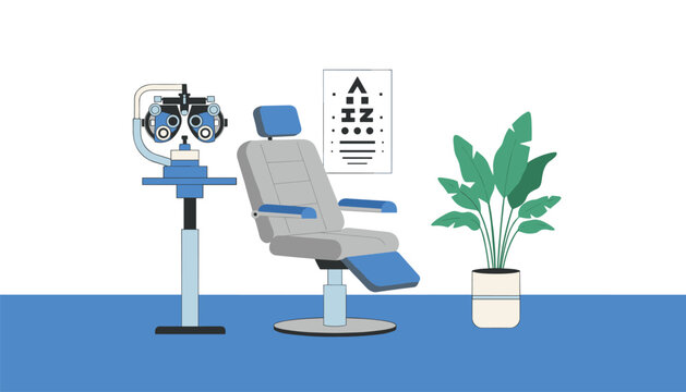 Ophthalmologist examination room featuring an eye phoropter machine, patient chair, vision test chart on wall, and a potted indoor plant.