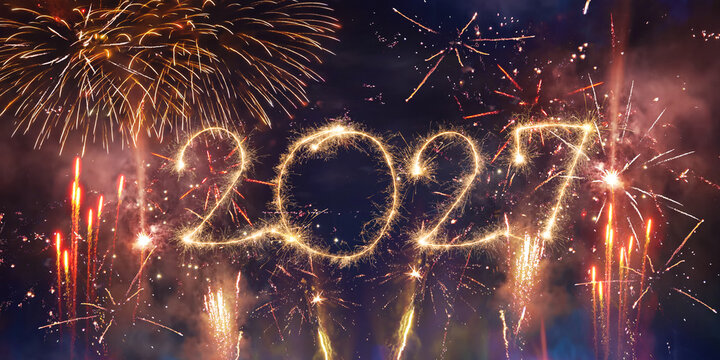 happy new year, new year's eve, silvester, new years eve, sparklers celebration greeting card, new year card - Year 2027 in sparkler font and firework fireworks pyrotechnic, blue night sky background