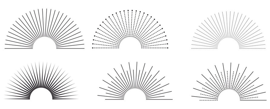 Various fan shapes with lines and dots on white background for design and decoration purposes in graphic design projects and artistic creations