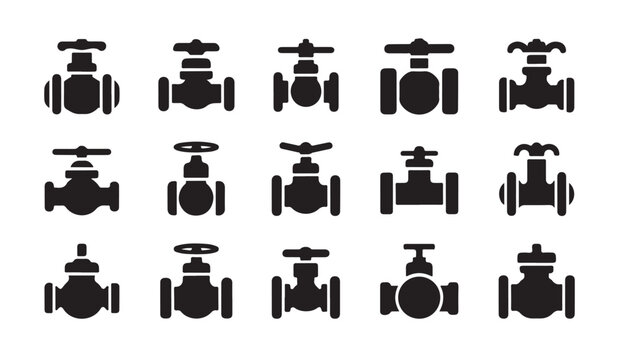 Plumbing pipe fittings and water valves solid black vector icons set.