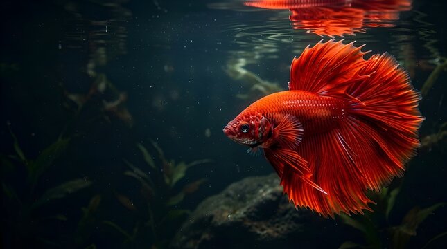 Vibrant Red Betta Fish Swimming Underwater, Exotic Siamese Fighting Fish with Flowing Fins