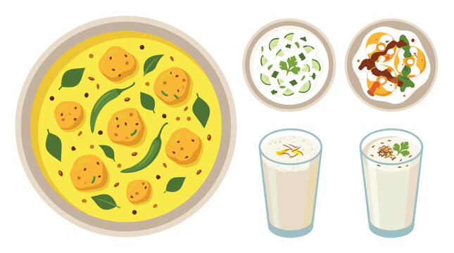 Indian yogurt-based including kadhi yogurt curry, raita cucumber, dahi vada lentil, lassi yogurt drink, chaas buttermilk.