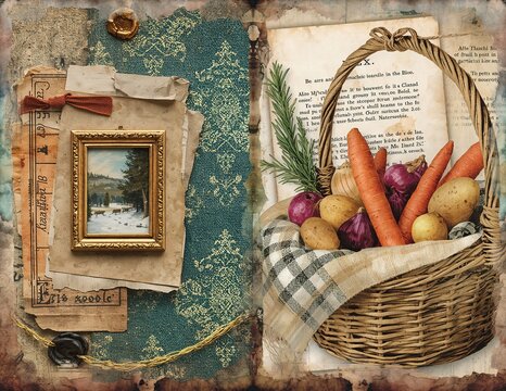 Vintage collage with wicker basket of root vegetables aged paper and tiny framed winter scene