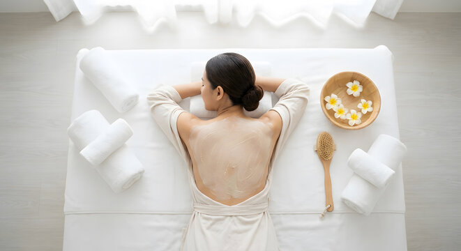 Woman receiving exfoliating back scrub treatment in luxury spa