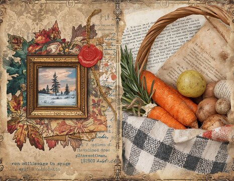 Vintage collage with winter scene painting autumn leaves wax seal and wicker basket of root vegetables