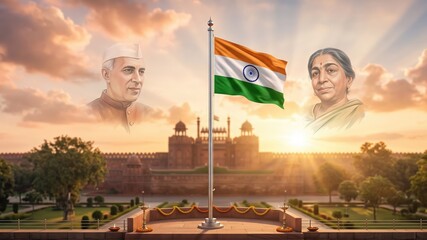 Fototapeta premium Indian Independence Day Banner with Red Fort and National Flag
