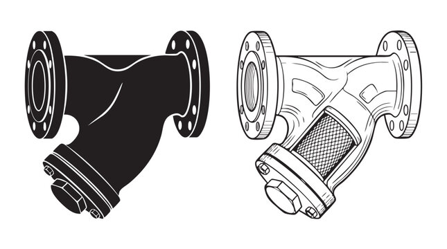 black silhouette with line art vector icon of a metal pipe fitting