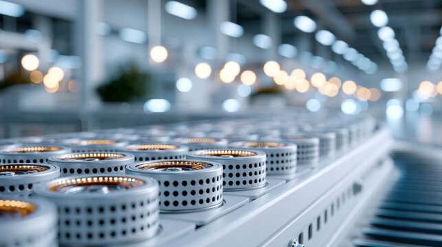 Bright three dimensional render of lithium ion battery cells inside a clean modern factory ordered rows of cells on a white conveyor soft even light no people present lithium