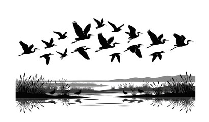 Obraz premium Flying Bird Flock Wetland Silhouette Premium Vector