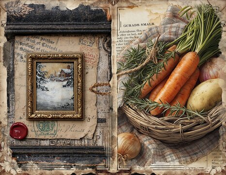 Vintage collage with carrots potato and rosemary in a basket beside a winter scene painting