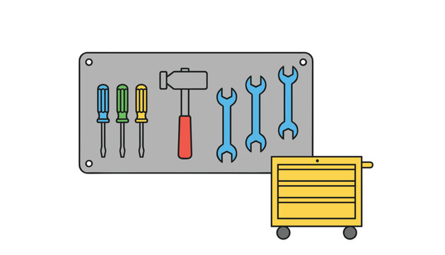 Organized metal pegboard tool storage panel featuring various hand tools mounted above a small yellow mobile industrial tool cabinet.