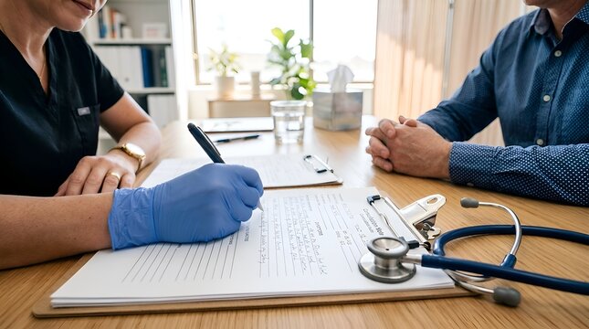 Doctor writing prescription and patient discussion in medical office