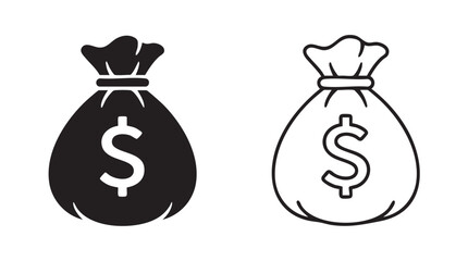 black silhouette with line art vector icon of money bags featuring bag, dollar, sign © Shamsul