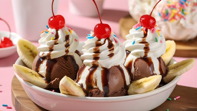 Chocolate Banana Split with Whipped Cream and Cherries on Pink Background