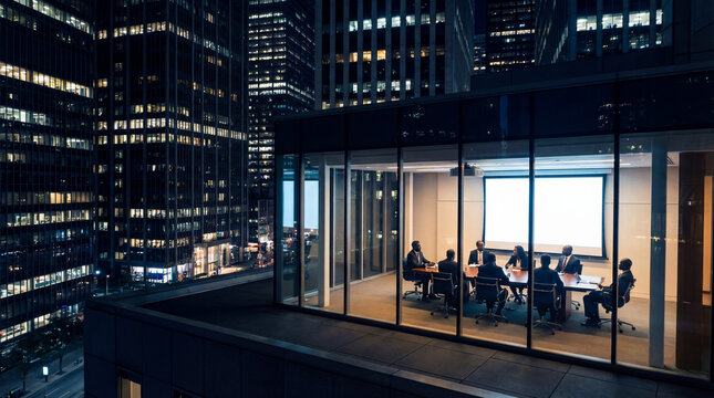 Professional corporate business team having a late night presentation meeting inside a modern glass office conference room overlooking a beautifully illuminated dark city skyline.